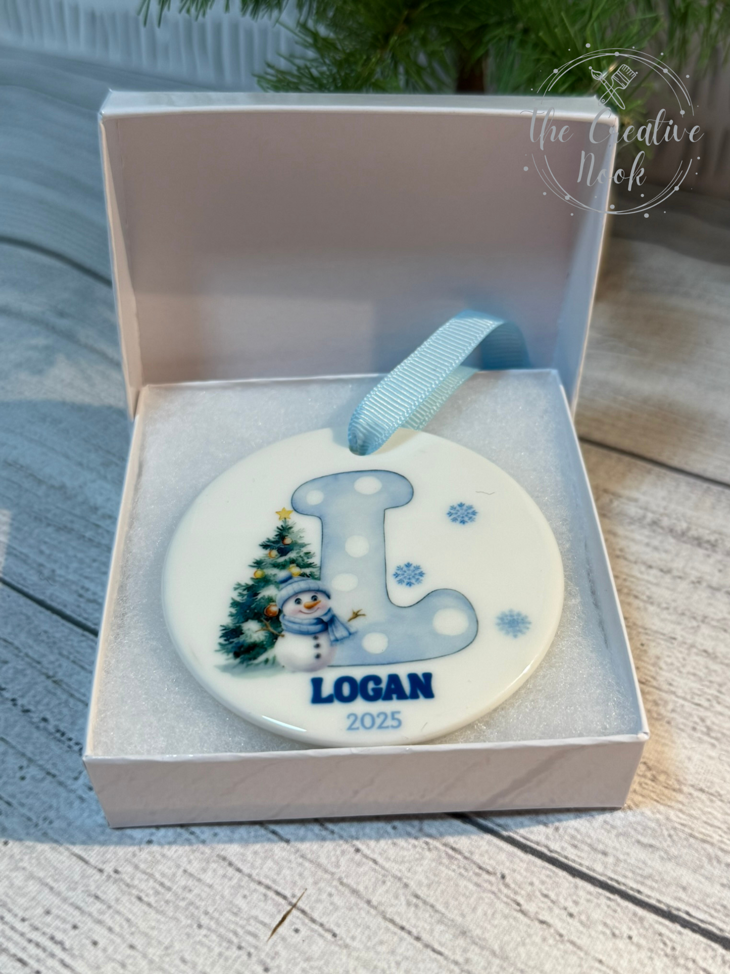 Personalized Blue Snowman Christmas Ornament for Kids