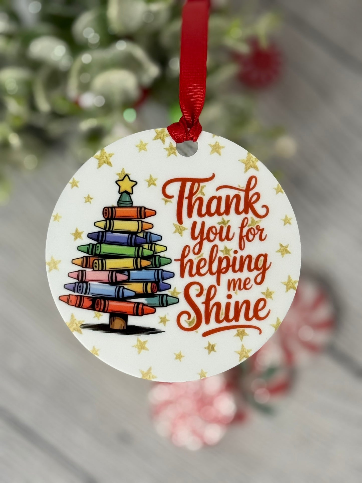 Teacher Christmas ornament with colorful crayon tree and thank you for helping me shine message; teacher's aid gift