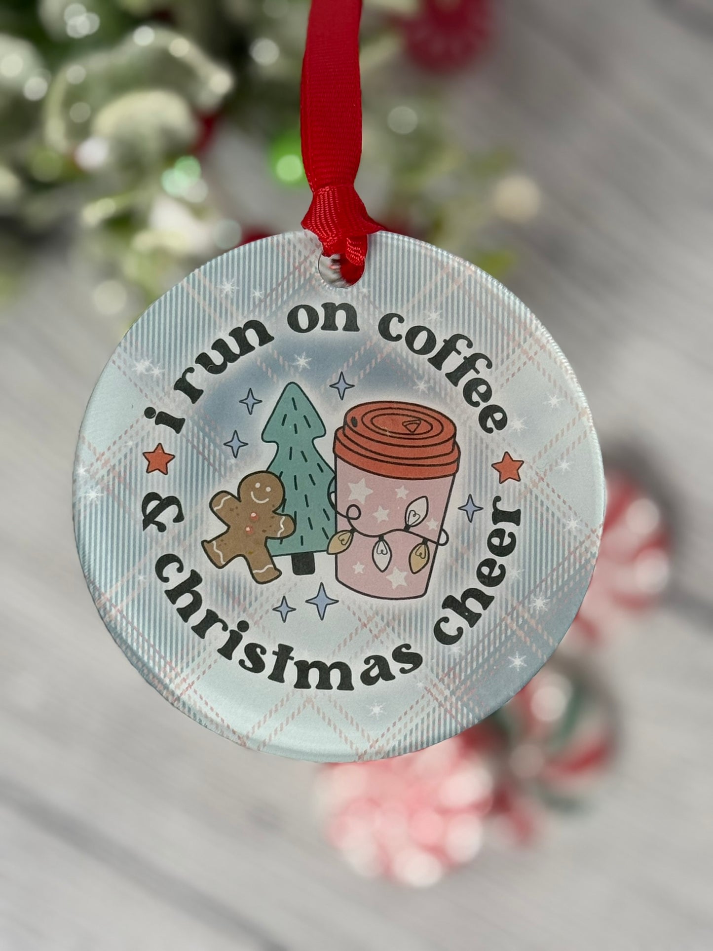 Funny clear acrylic Christmas ornament with coffee quote “I run on Coffee and Christmas Cheer"; coffee lover gif