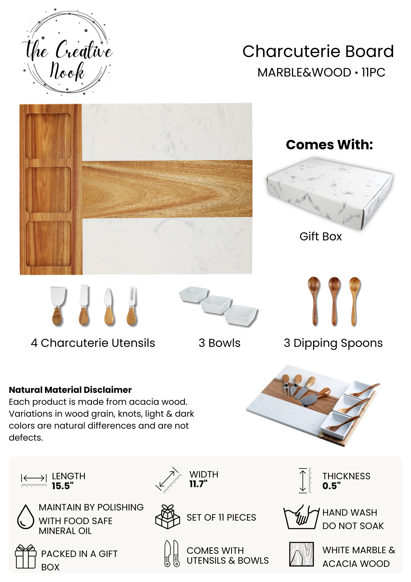 Product dimensions and specifications diagram for personalized marble charcuterie board