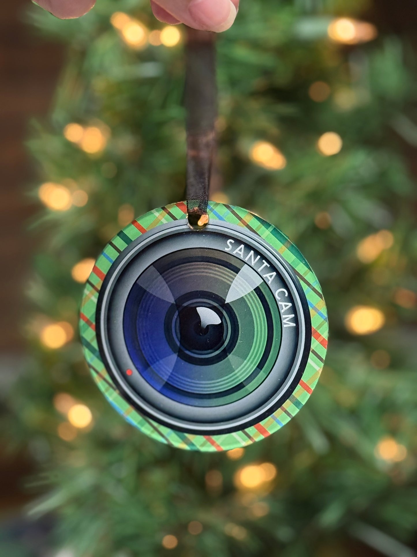 Clear acrylic Santa Cam Christmas ornament that looks like a camera lens, 3.5 inch sublimated holiday decoration for kids