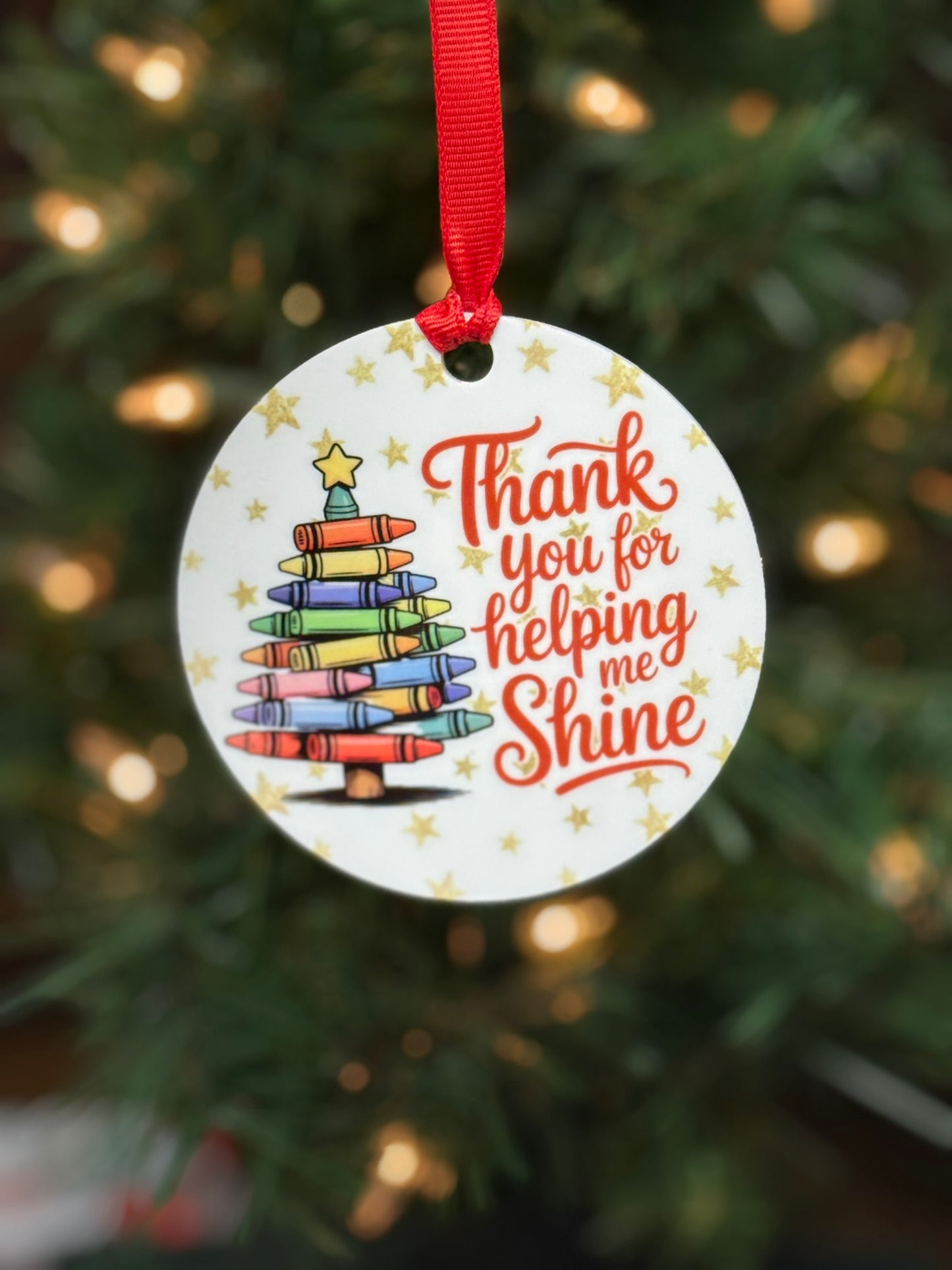 Teacher Christmas ornament with colorful crayon tree and thank you for helping me shine message; teacher's aid gift