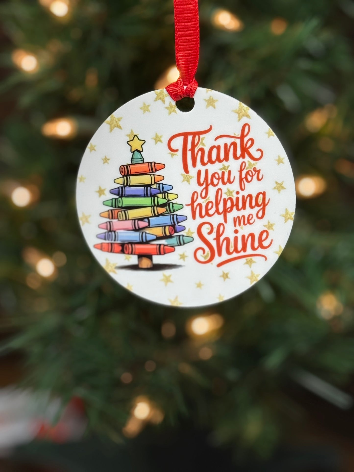 Teacher Christmas ornament with colorful crayon tree and thank you for helping me shine message; teacher's aid gift