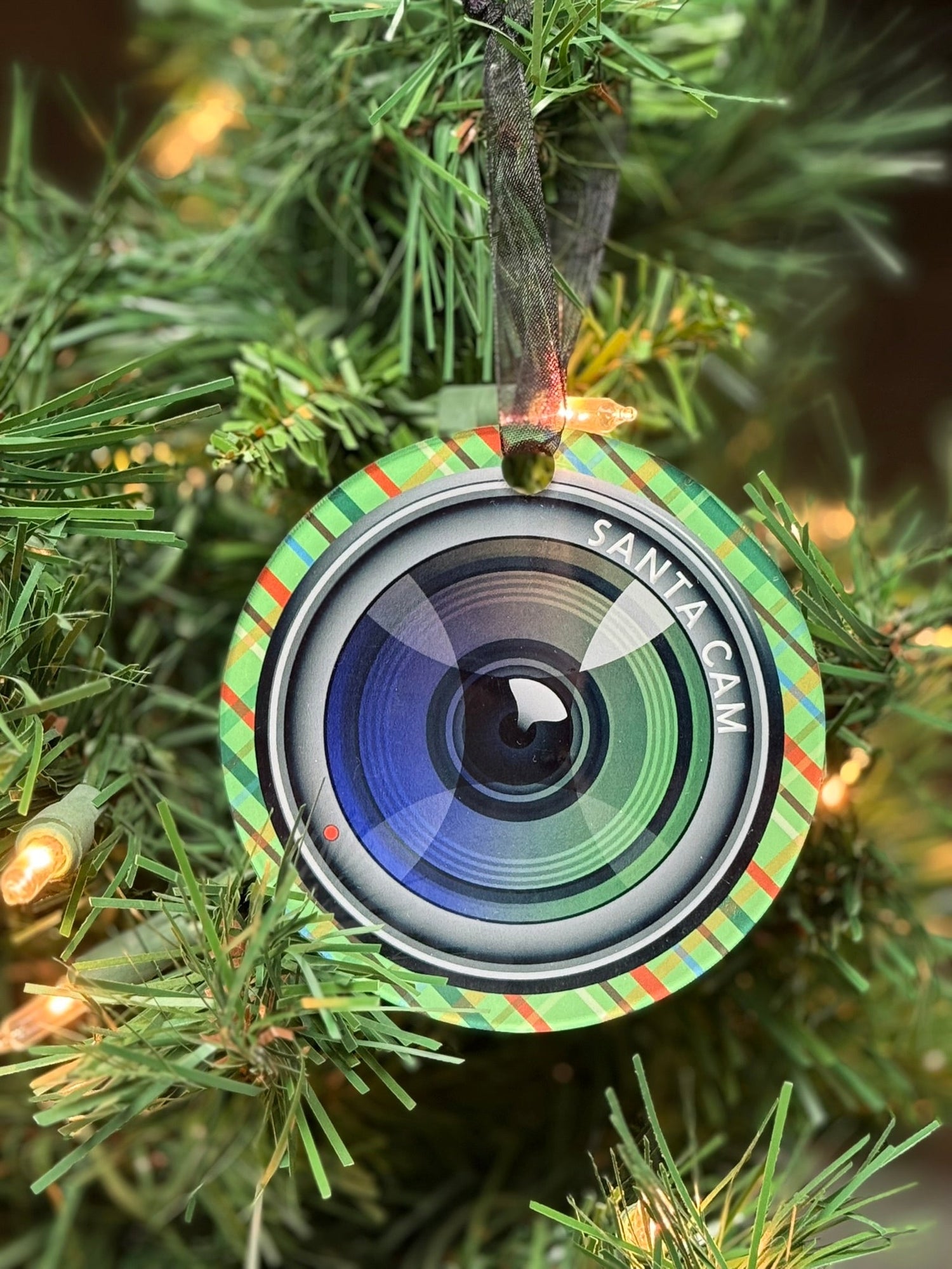 Clear acrylic Santa Cam Christmas ornament that looks like a camera lens, 3.5 inch sublimated holiday decoration for kids