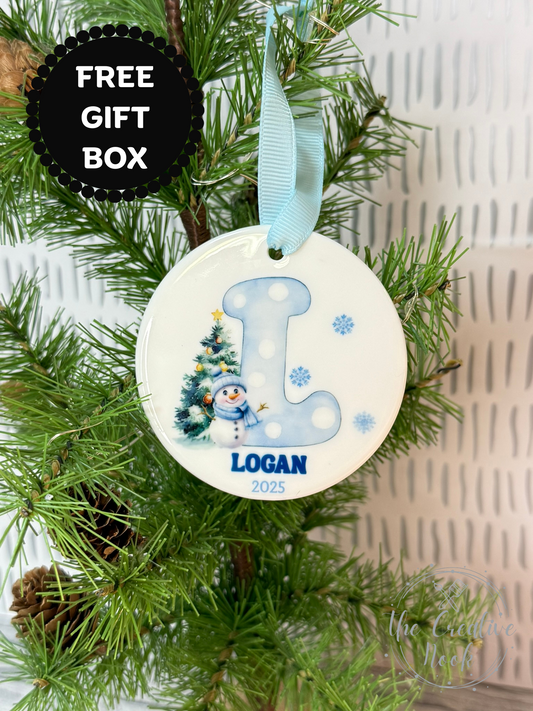 Personalized Blue Snowman Christmas Ornament for Kids