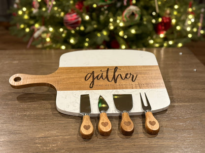 Engraved marble and acacia wood serving board set