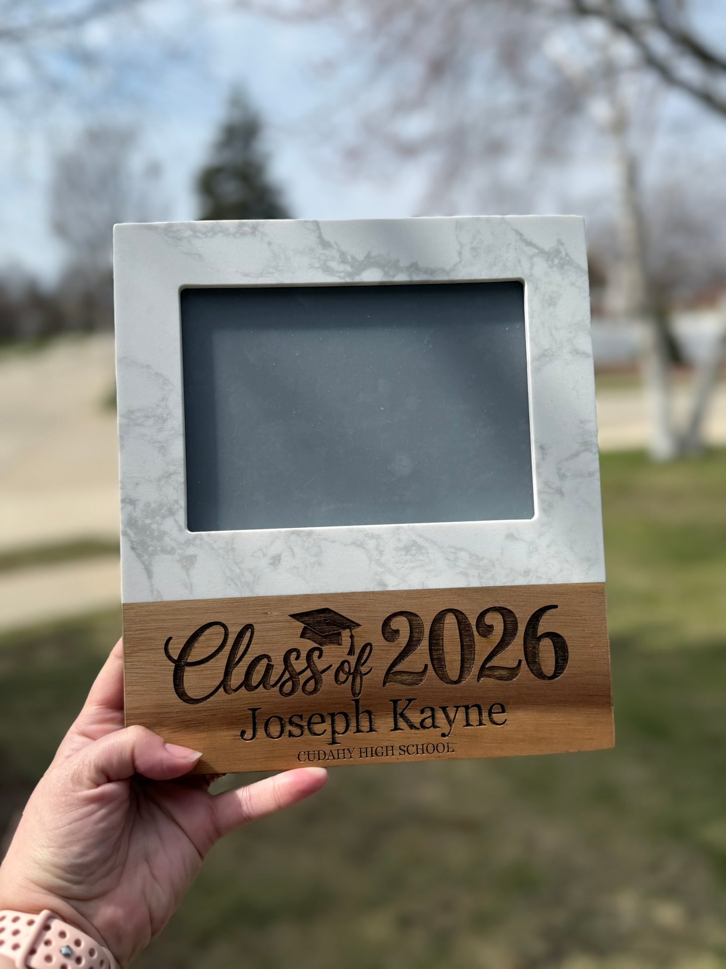 Personalized Class of 2026 graduation marble frame with name and high school, 5x7 photo display