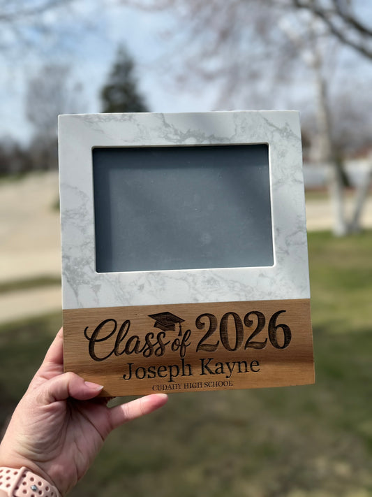 Personalized Class of 2026 graduation marble frame with name and high school, 5x7 photo display