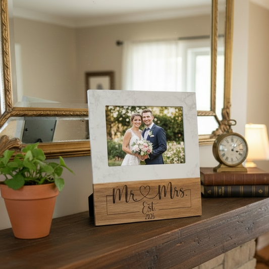 Personalized Mr and Mrs marble picture frame with established date, custom wedding gift 5x7