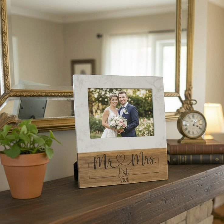 Personalized Mr and Mrs marble picture frame with established date, custom wedding gift 5x7