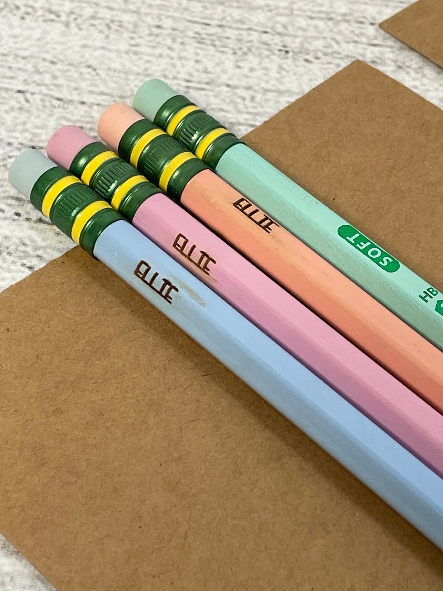 Close up of laser engraved name on personalized #2 pencil showing detai