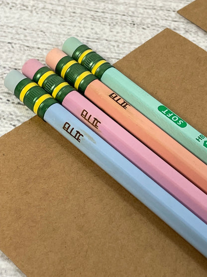 Close up of laser engraved name on personalized #2 pencil showing detai