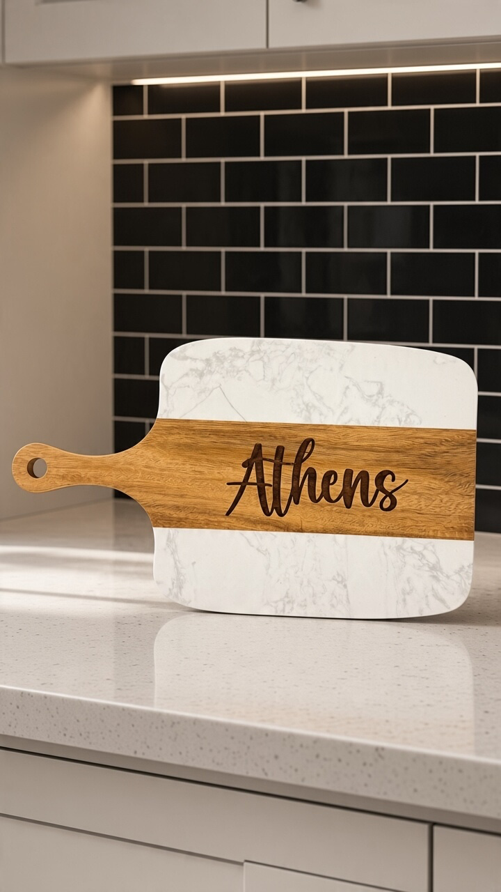 A personalized marble serving board with a wooden handle
