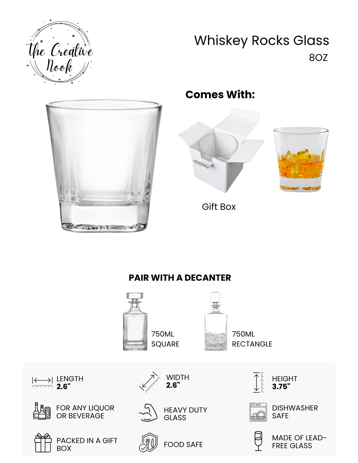 A 8oz clear whiskey rocks glass shown on a white background with a gift box, a decanter suggestion, and feature icons. The image includes the brand logo 'The Creative Hook' and text reading 'Whiskey Rocks Glass 8oz' and 'Comes With: Gift Box'.