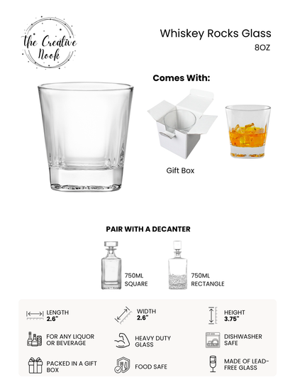 A 8oz clear whiskey rocks glass shown on a white background with a gift box, a decanter suggestion, and feature icons. The image includes the brand logo 'The Creative Hook' and text reading 'Whiskey Rocks Glass 8oz' and 'Comes With: Gift Box'.