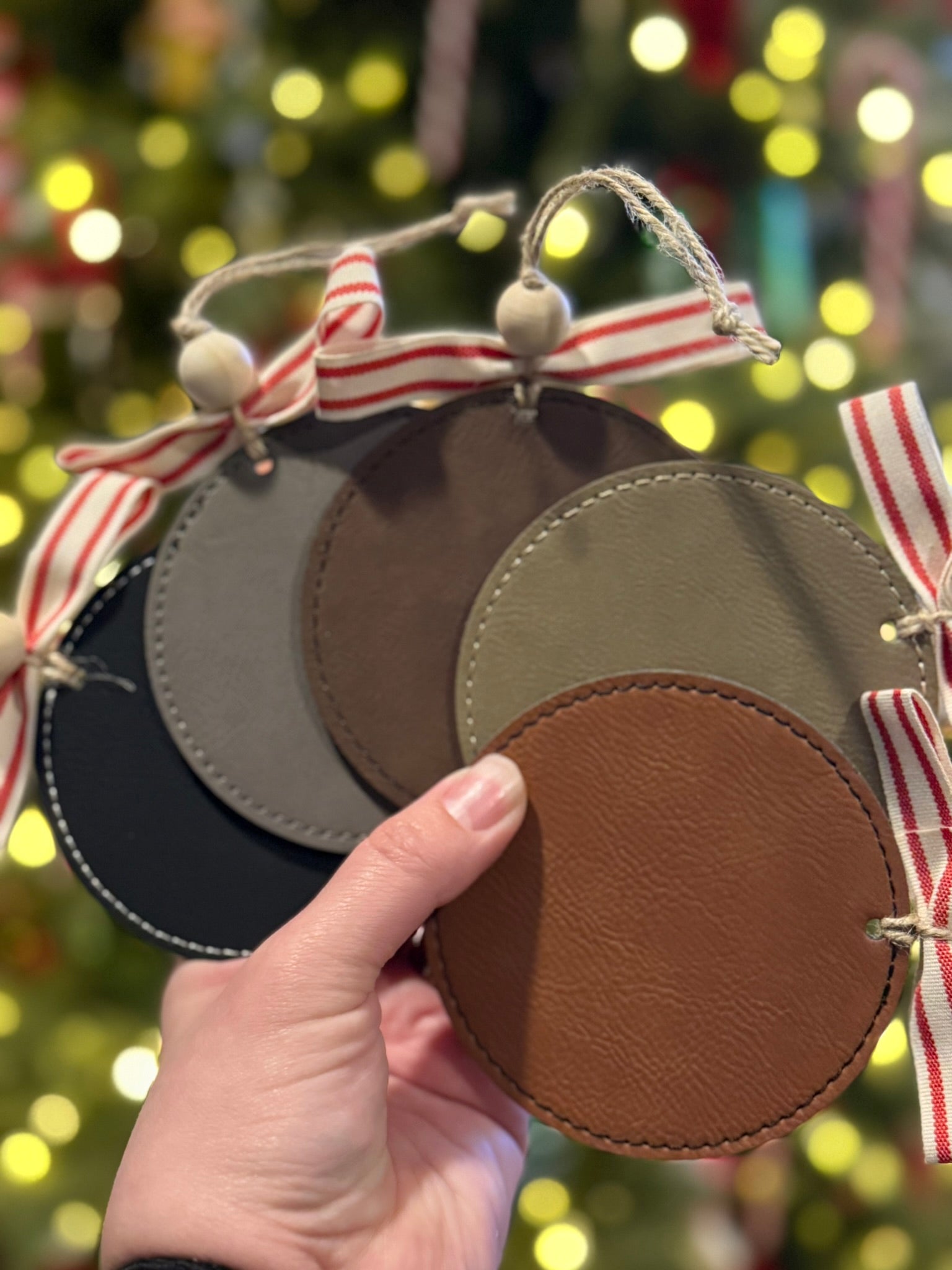 Custom engraved leatherette Christmas ornament available in five colors
