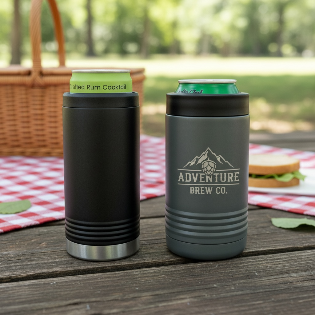 Personalized Polar Camel stainless steel vacuum insulated beverage holder with company logo