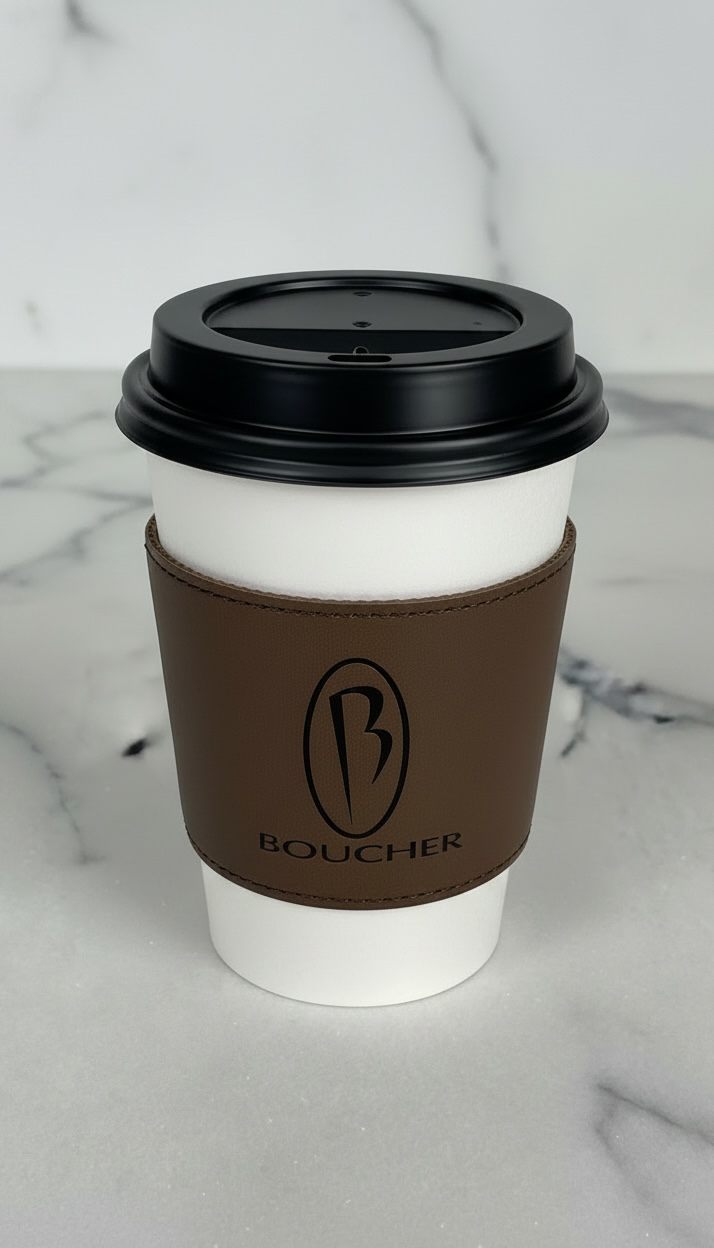 Personalized leatherette coffee cup sleeve engraved with company logo