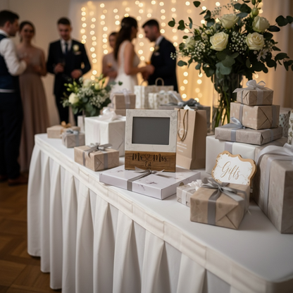Wedding photo displayed in personalized Mr and Mrs frame with established date engraving