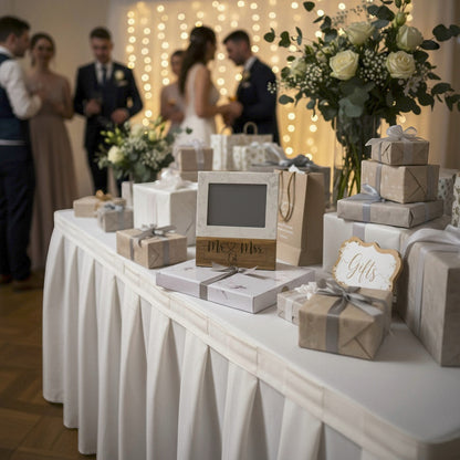 Wedding photo displayed in personalized Mr and Mrs frame with established date engraving