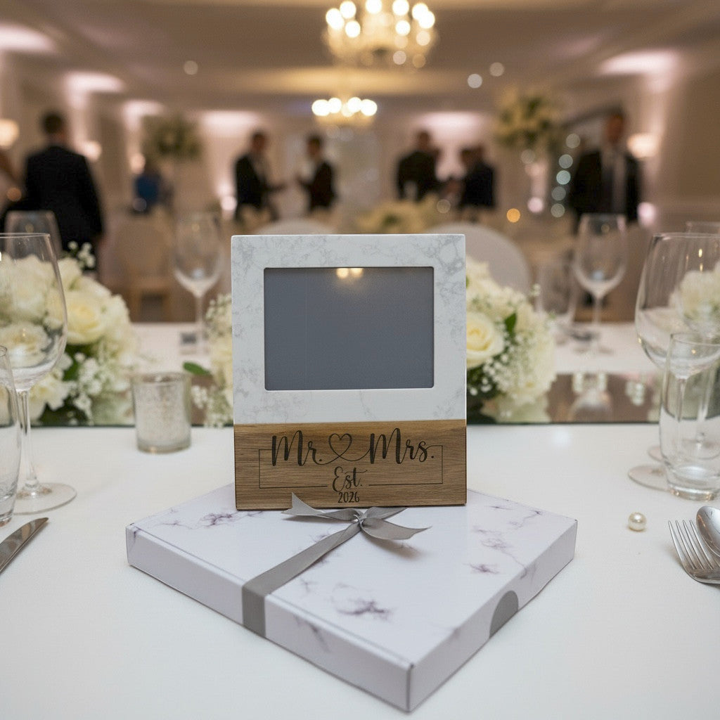 Close up of Mr and Mrs engraved marble frame with custom last name and wedding date