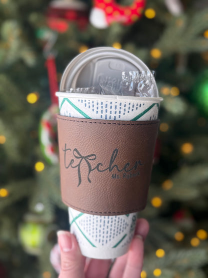 Premium leatherette coffee sleeve for employee appreciation gifts.