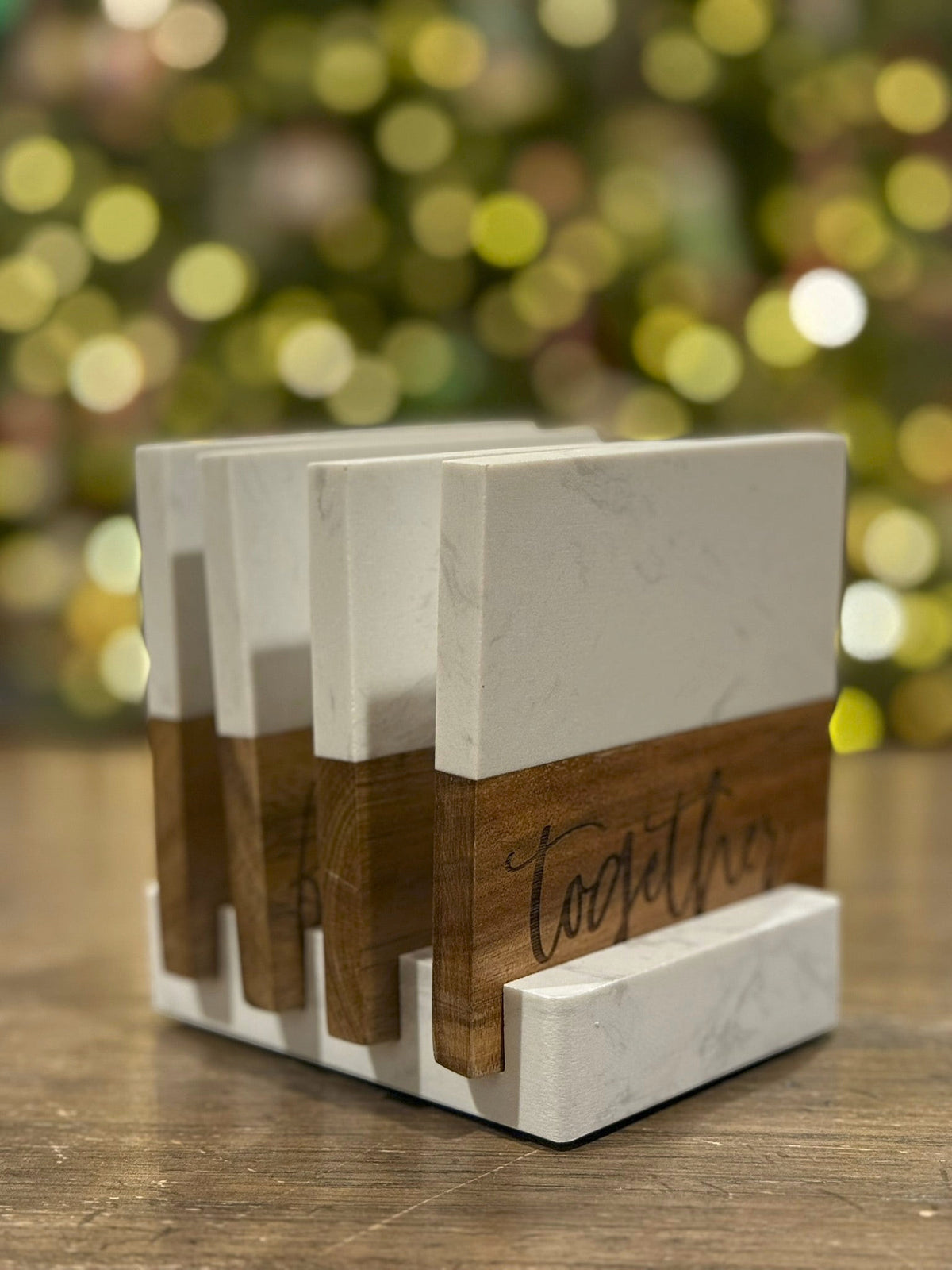 Engraved marble and acacia wood coaster set with custom logo on marble base for executive gifting