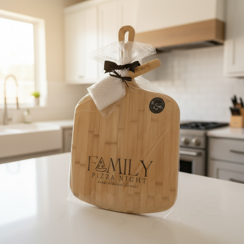 Personalized bamboo pizza serving board and engraved pizza cutter gift set for weddings, housewarmings, client gifts and employee appreciation.