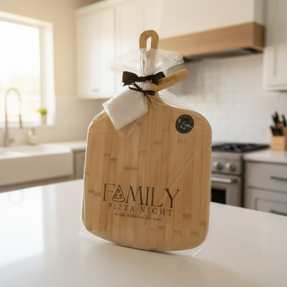 Personalized bamboo pizza serving board and engraved pizza cutter gift set for weddings, housewarmings, client gifts and employee appreciation.