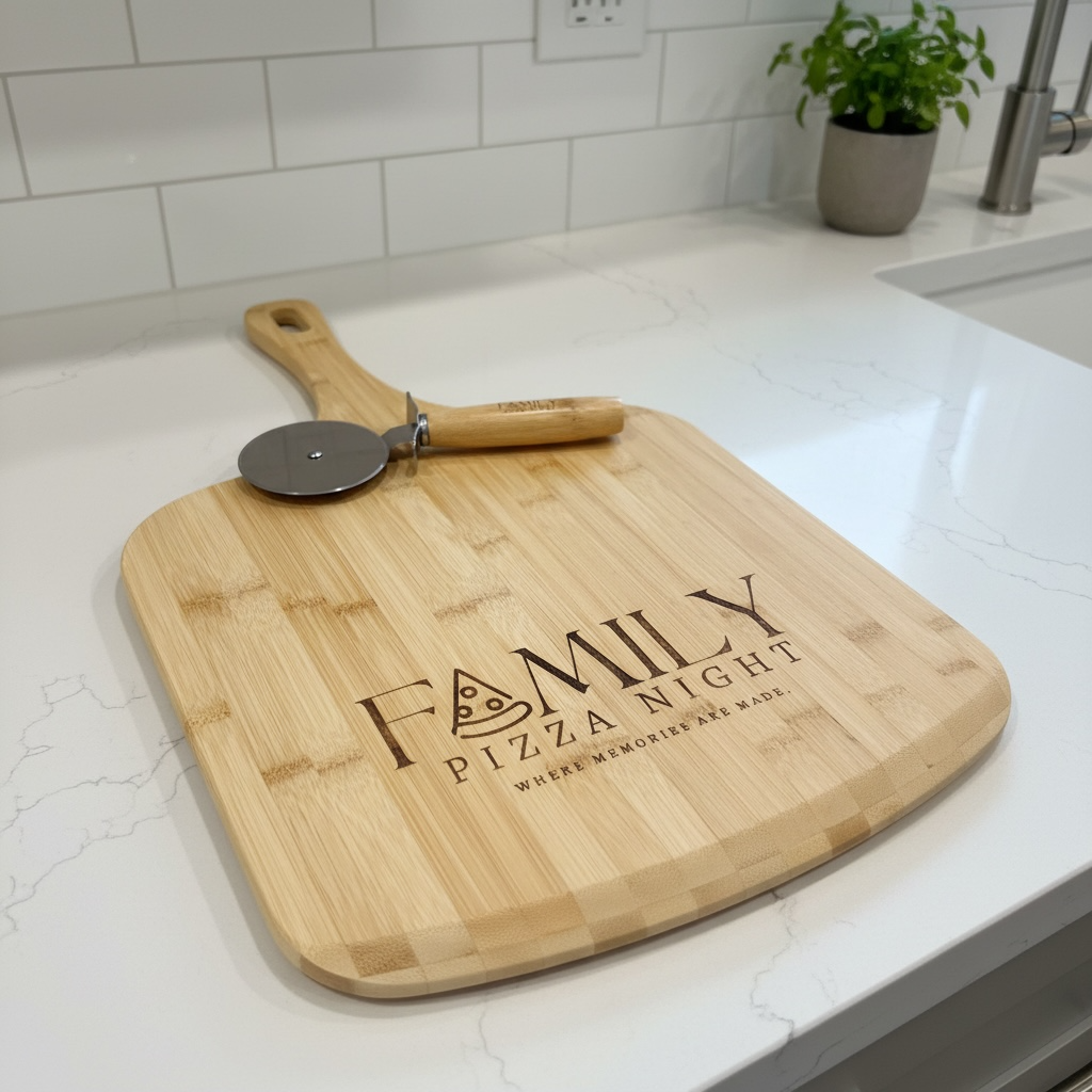 Personalized bamboo pizza peel and matching engraved pizza cutter with Family Pizza Night design
