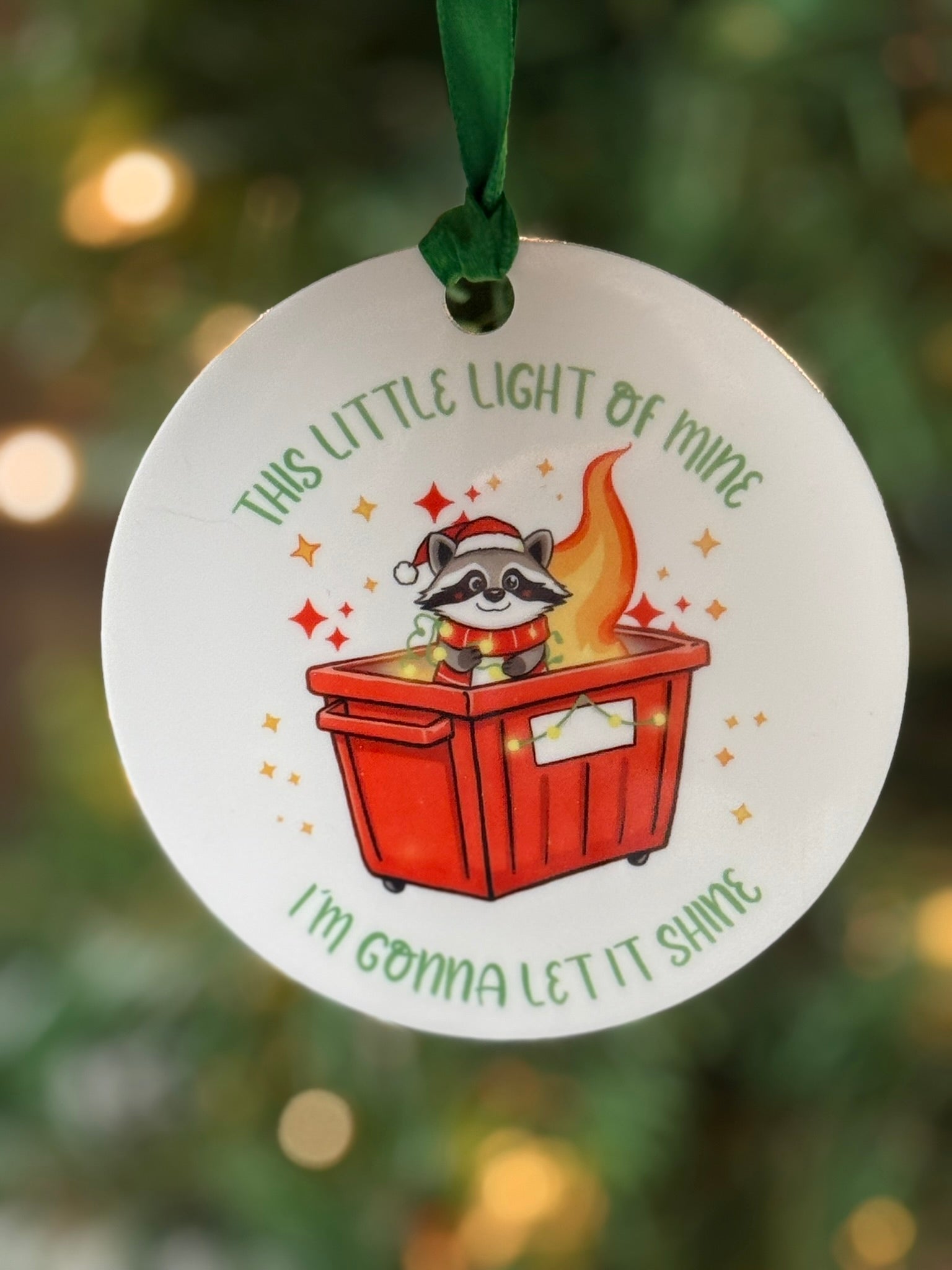 Funny coworker Christmas ornament with raccoon in dumpster fire and this little light of mine quote, 3.5 inch acrylic gag gift