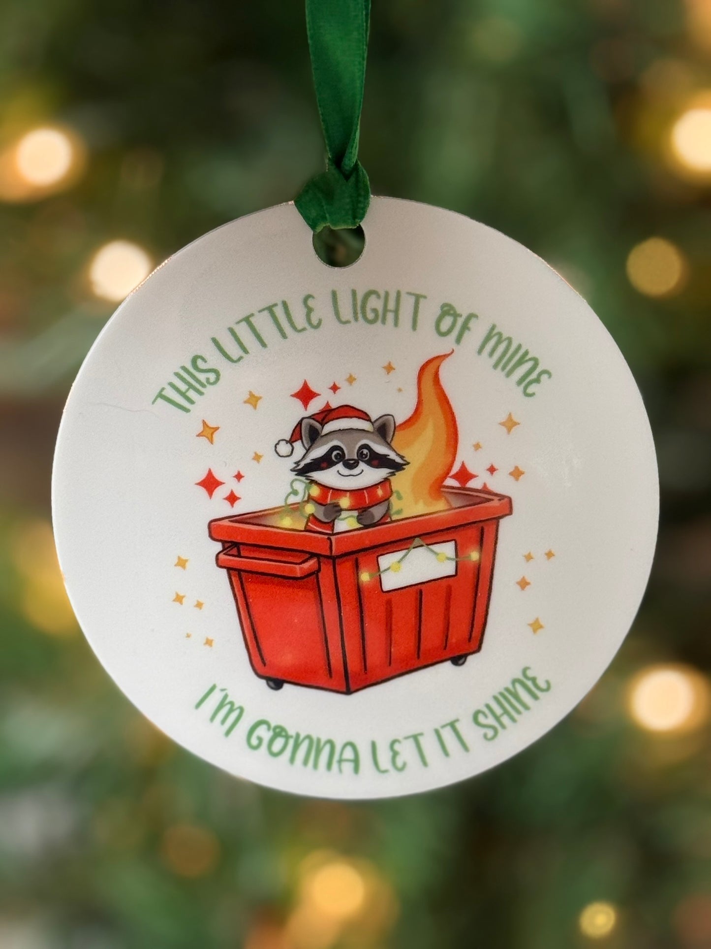 Funny coworker Christmas ornament with raccoon in dumpster fire and this little light of mine quote, 3.5 inch acrylic gag gift