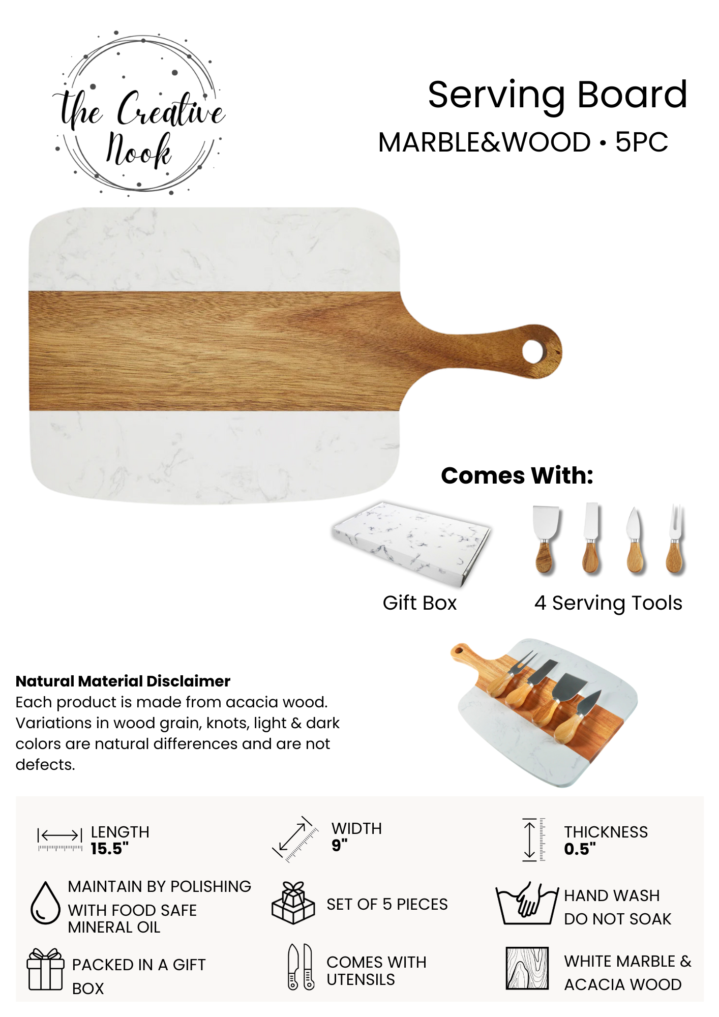 Product specifications and dimensions for personalized marble and acacia wood serving board