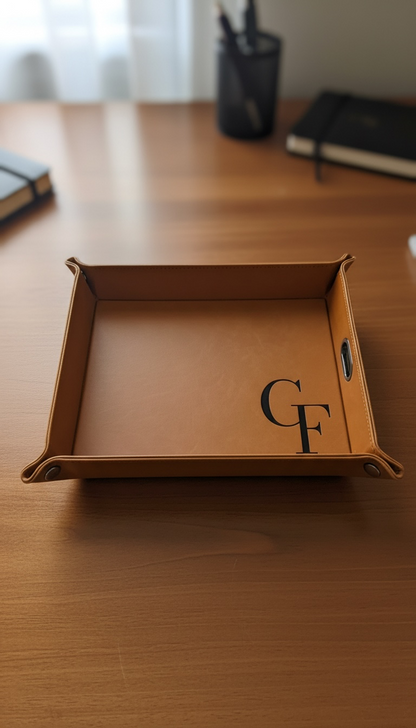 Personalized leatherette valet tray with custom engraved logo for corporate gifting