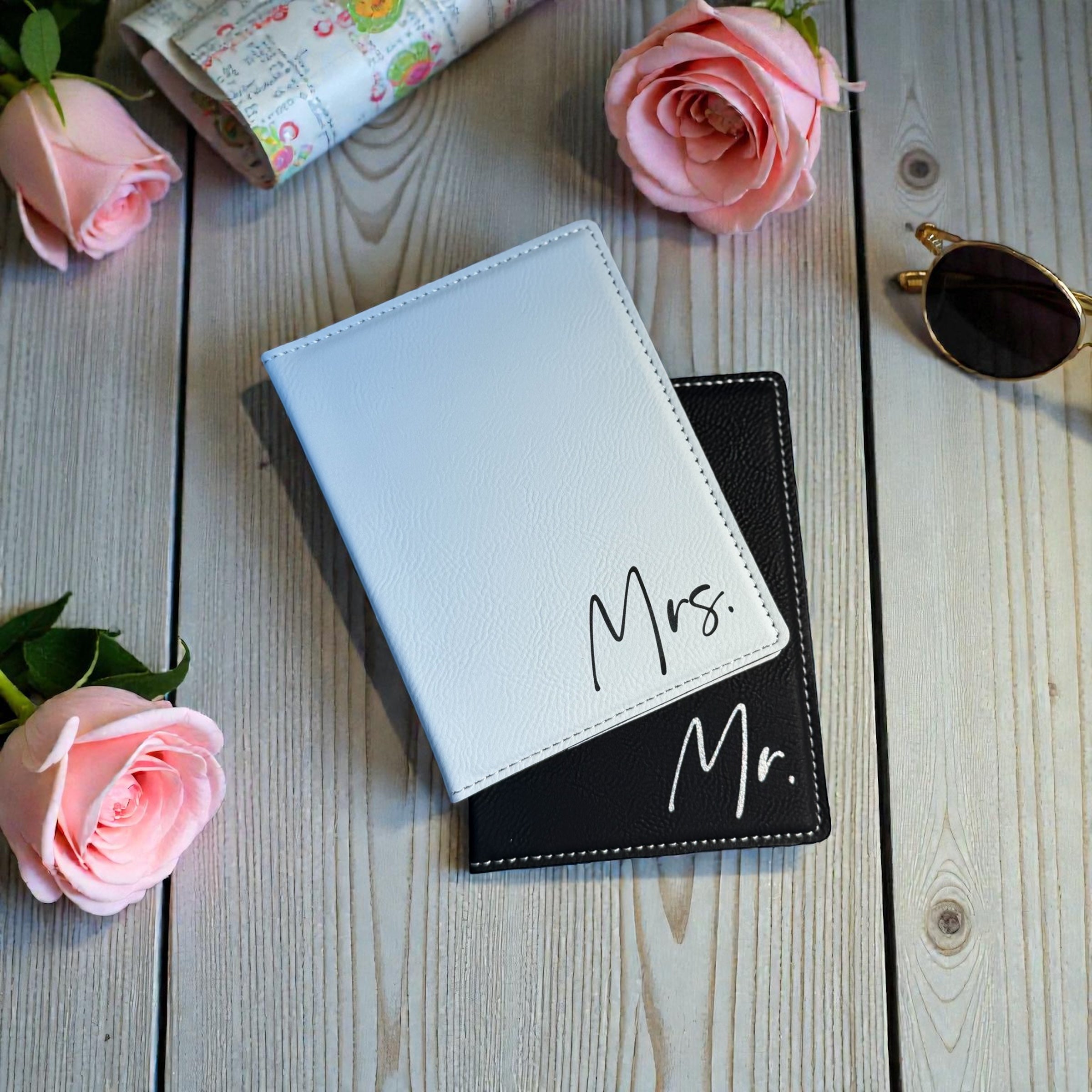 Personalized Mr and Mrs passport holders with custom wedding engraving for bride and groom