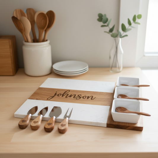 Personalized marble and acacia wood charcuterie board with custom engraving and complete 11 piece accessory set