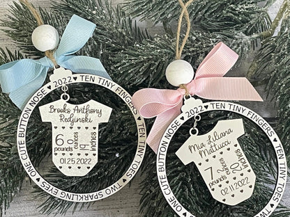 Personalized newborn birth stat ornament featuring baby’s name, birth date, weight and length – baby’s first Christmas keepsake