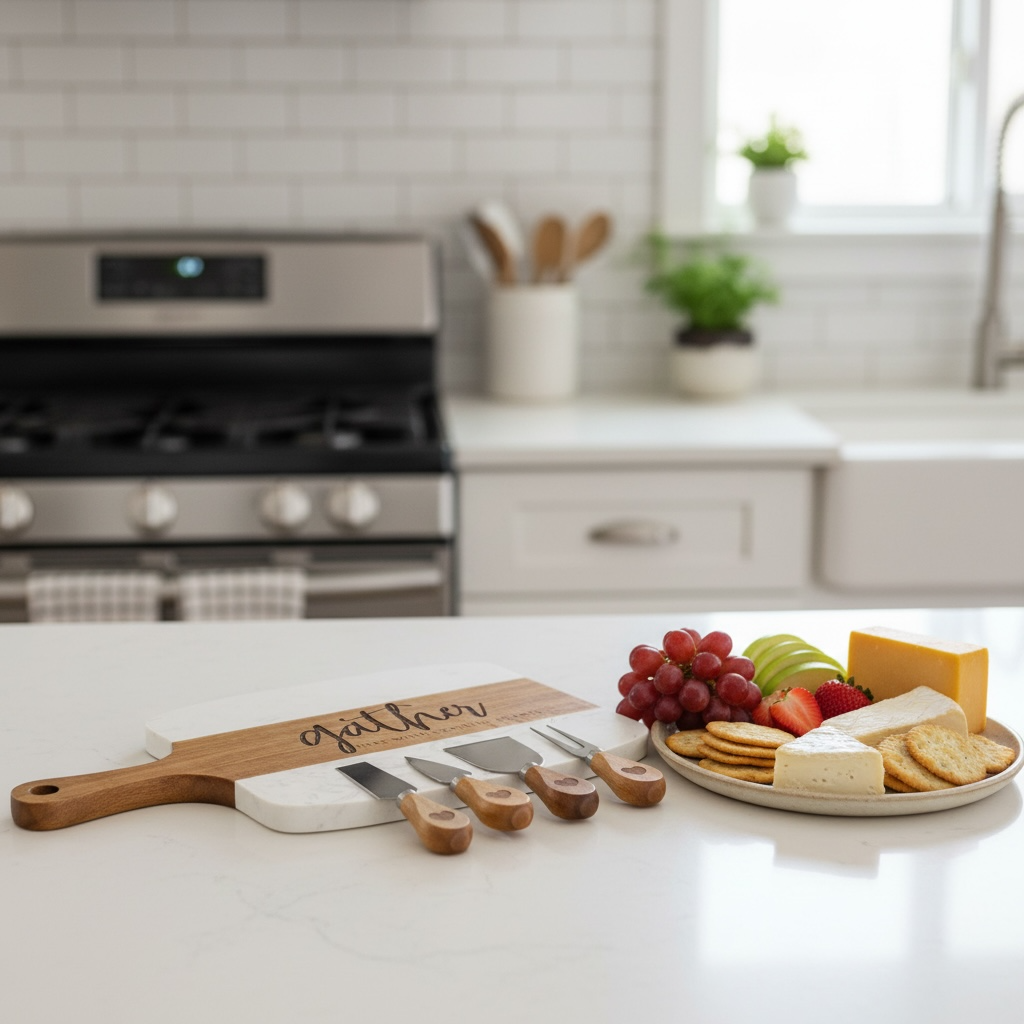 Custom engraved marble serving board with charcuterie cheese and crackers for entertaining