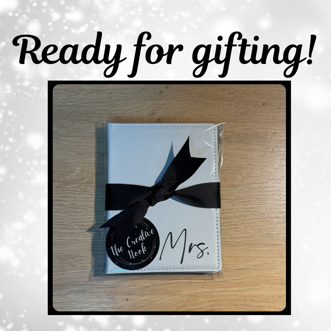 Custom engraved bride and groom passport holders gift packaged for wedding