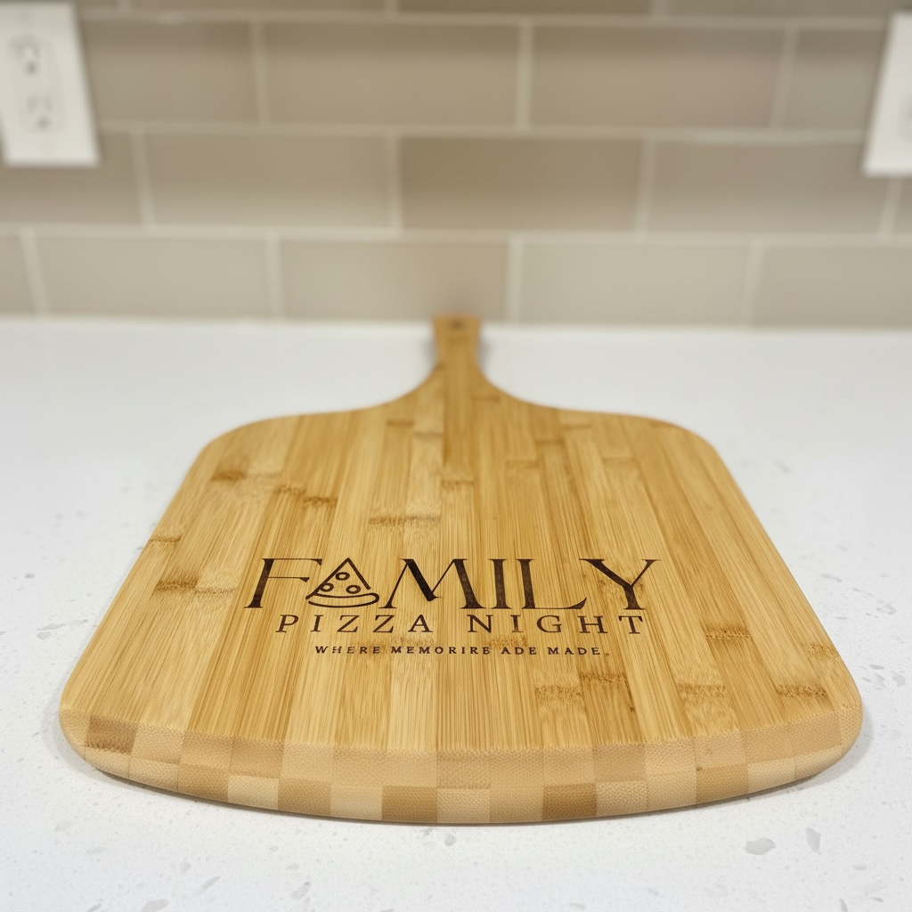 Personalized bamboo pizza serving board and engraved pizza cutter gift set for weddings, housewarmings, client gifts and employee appreciation.