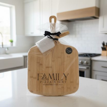 Custom engraved Family Pizza Night bamboo pizza peel featuring personalized family name with matching pizza cutter.