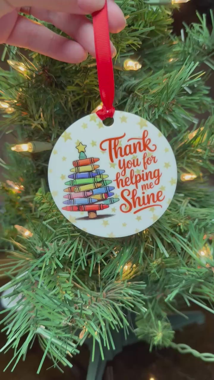 Teacher Christmas ornament with colorful crayon tree and thank you for helping me shine message; teacher's aid gift