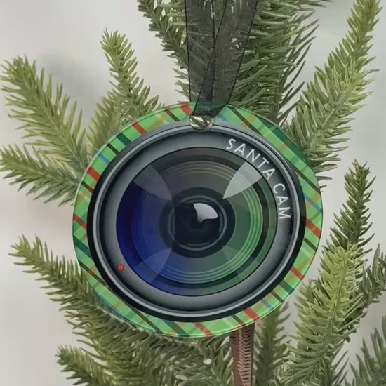Clear acrylic Santa Cam Christmas ornament that looks like a camera lens, 3.5 inch sublimated holiday decoration for kids