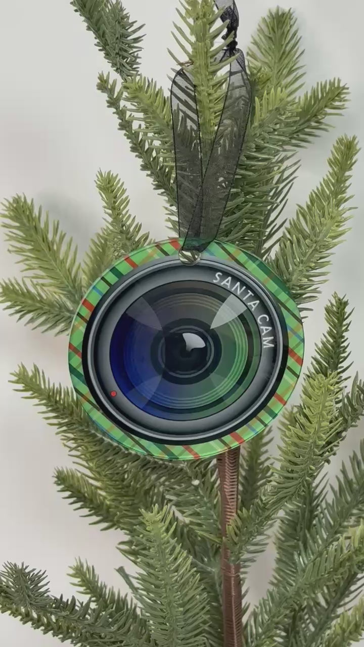 Clear acrylic Santa Cam Christmas ornament that looks like a camera lens, 3.5 inch sublimated holiday decoration for kids