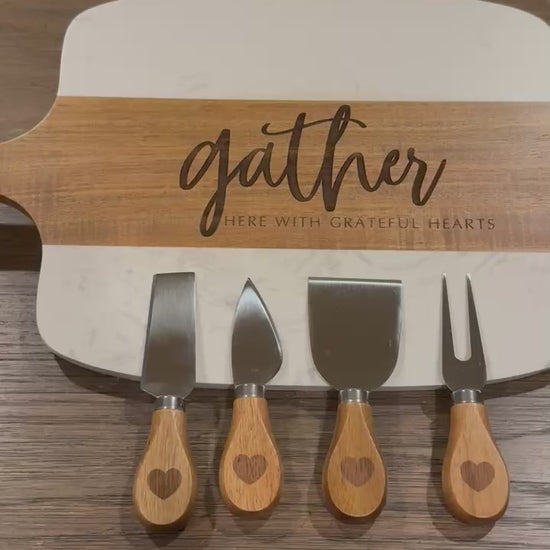 Engraved marble and acacia wood serving board set