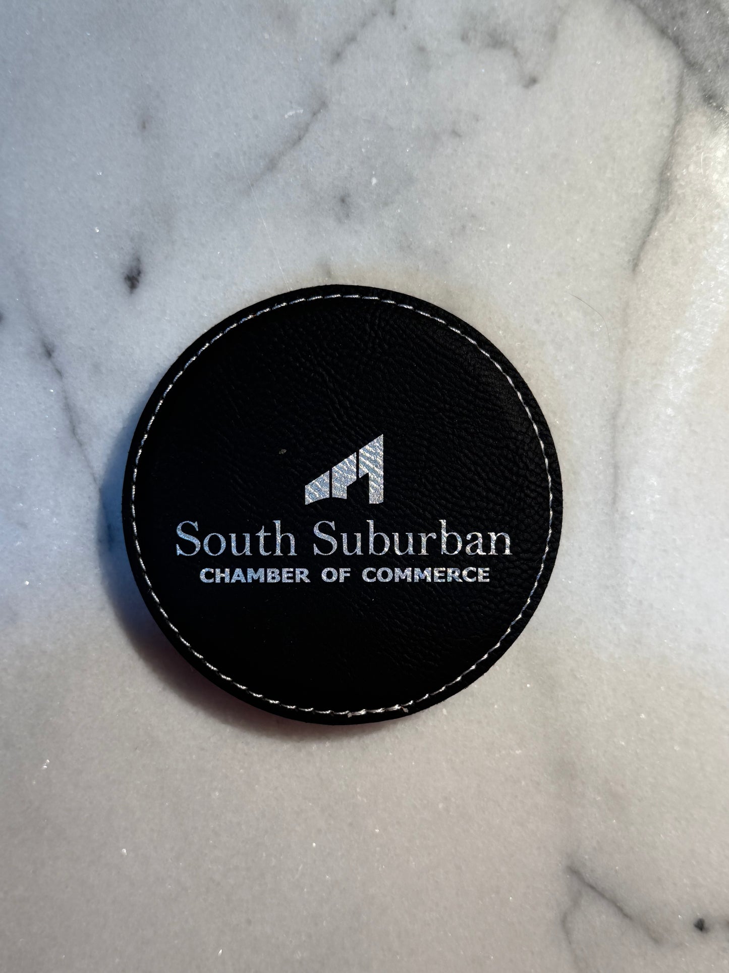 Round and square premium leatherette coasters personalized with business branding