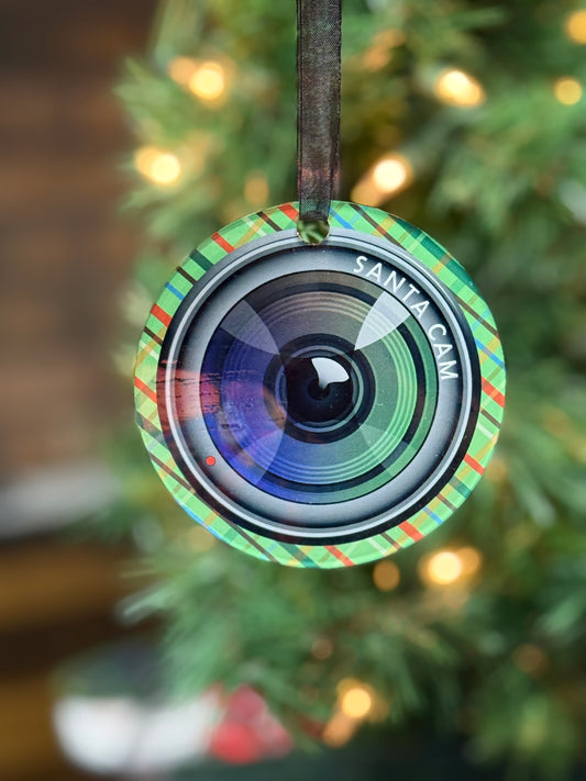 Clear acrylic Santa Cam Christmas ornament that looks like a camera lens, 3.5 inch sublimated holiday decoration for kids