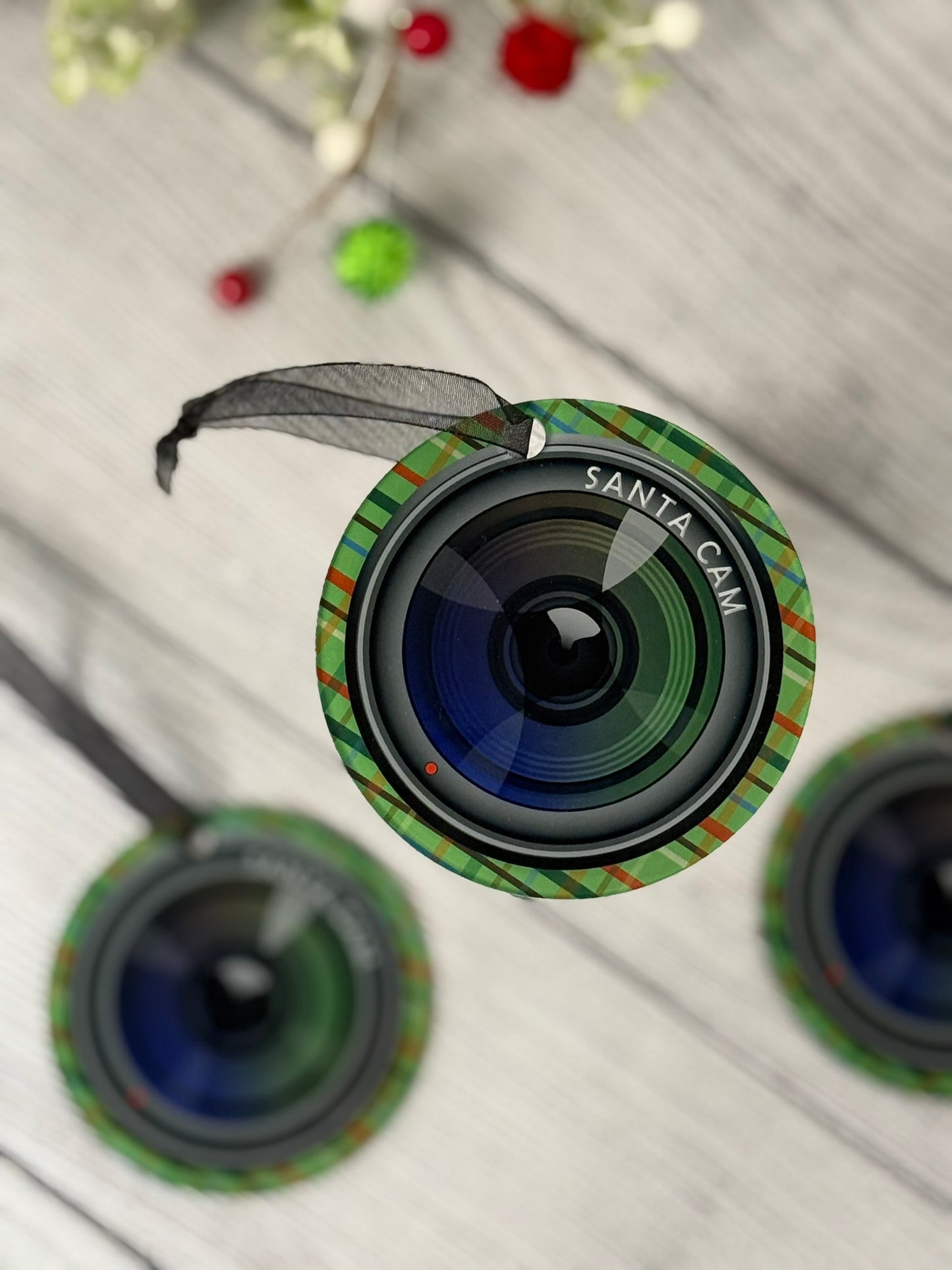 Clear acrylic Santa Cam Christmas ornament that looks like a camera lens, 3.5 inch sublimated holiday decoration for kids