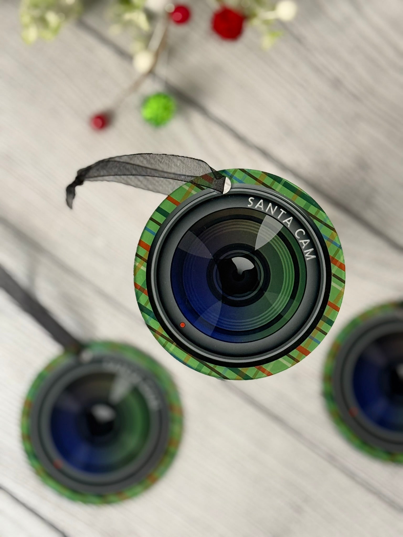Clear acrylic Santa Cam Christmas ornament that looks like a camera lens, 3.5 inch sublimated holiday decoration for kids