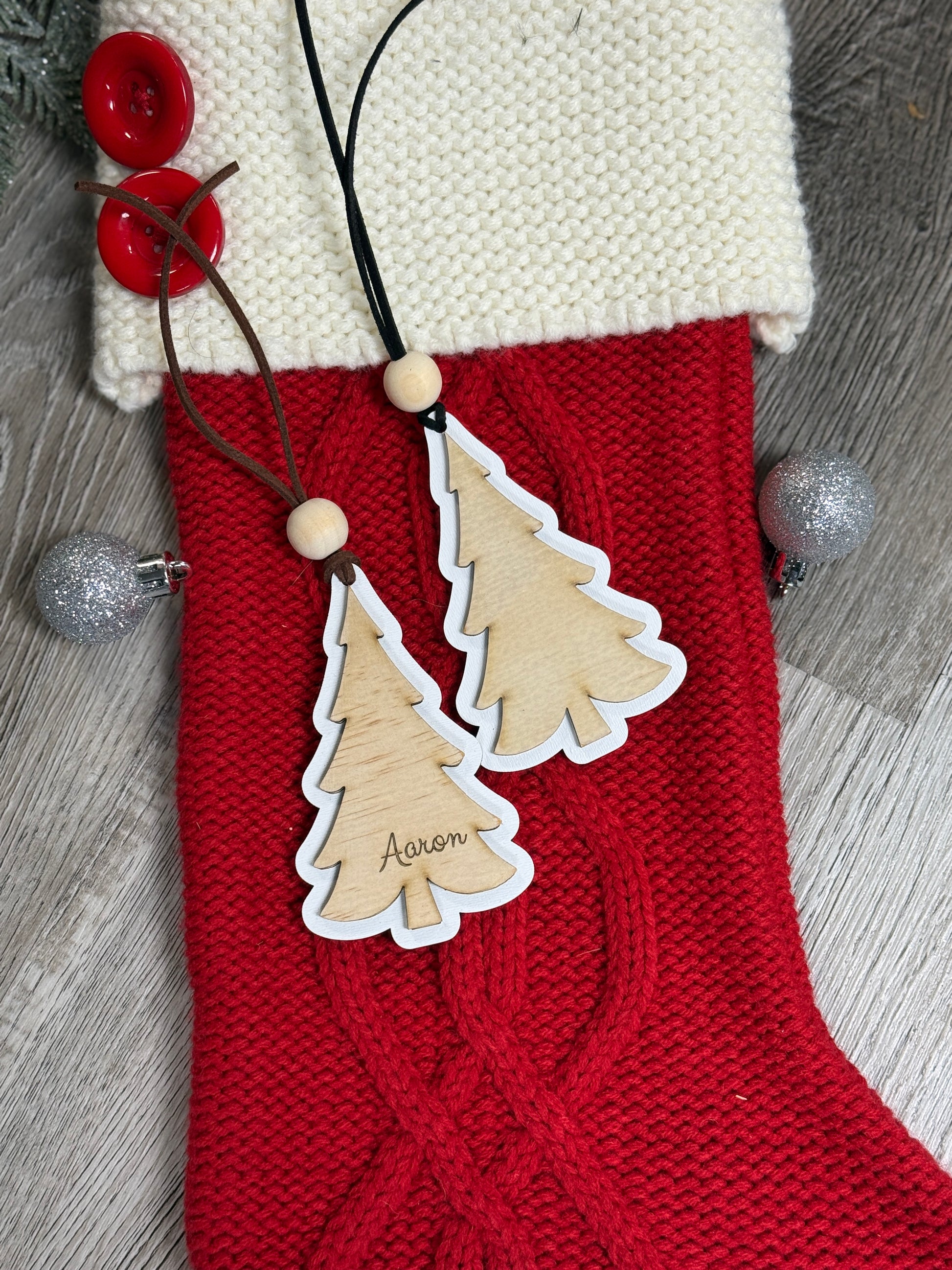 Personalized Christmas stocking tags with black leather cord and brown leather cord options